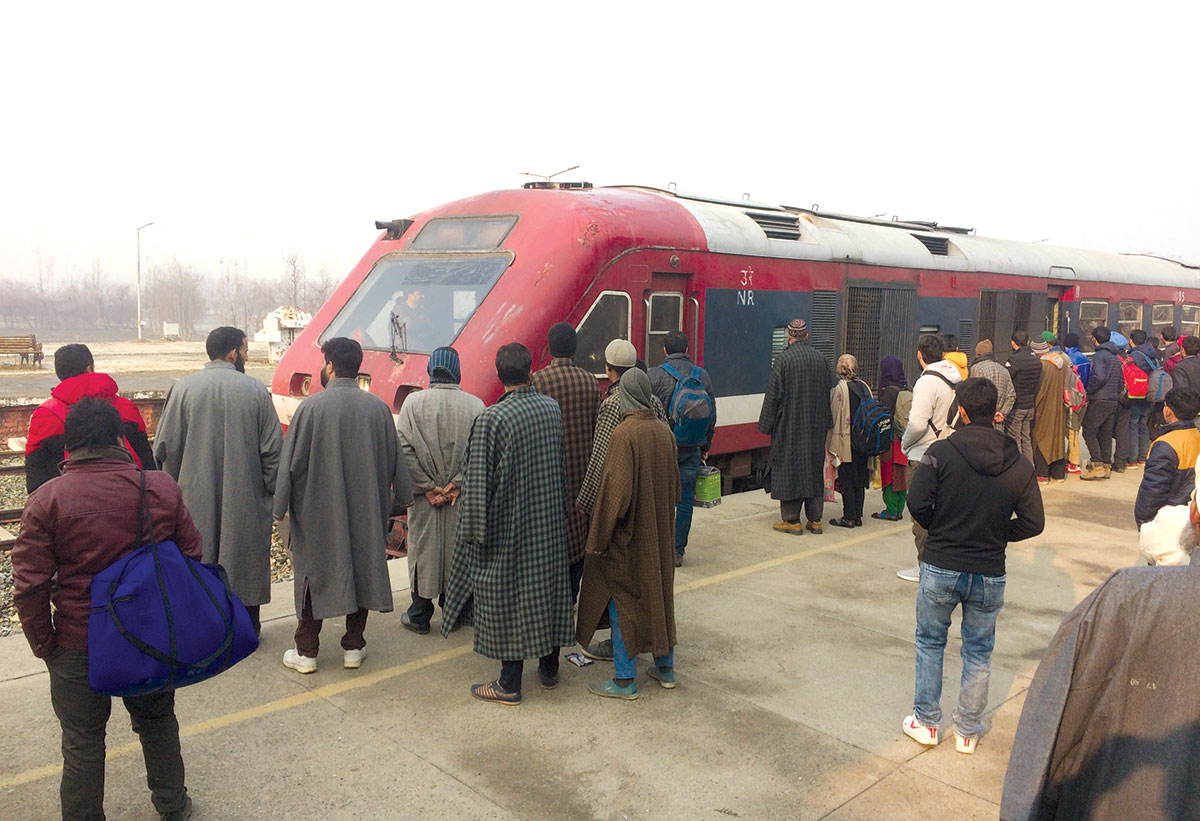 Passengers waiting to board Banihal train at Anantnag station. KL Image by Umar Khurshid