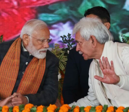 Prime Minister Narendra Modi and LG Manoj Sinha participated in the ‘Viksit Bharat Viksit Jammu Kashmir’ programme at Bakshi Stadium on March 07 2024. (Pic credit JKDIPR)