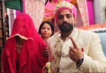 First-Timers, Newlyweds Among Early Voters in Udhampur Lok Sabha Seat A groom decked up in sherwani and colourful headgear was among the first to cast his vote at a polling booth in Jammu