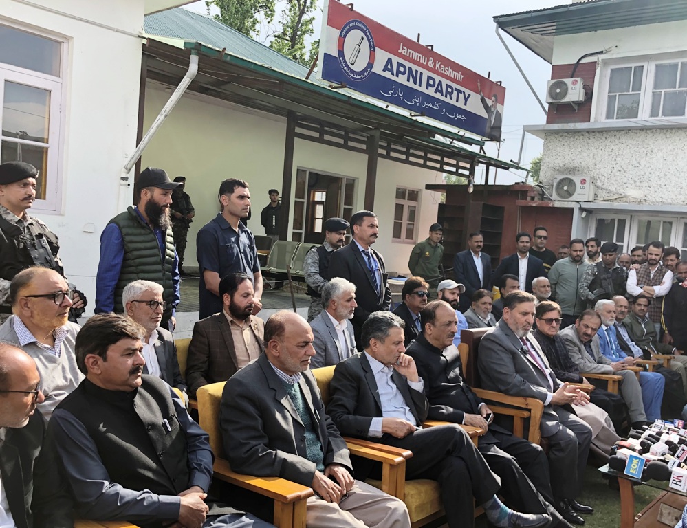 JK Apni Party leaders in a press conference in Srinagar’s party headquarters on April 26, 2024. KL Image Masood Hussain