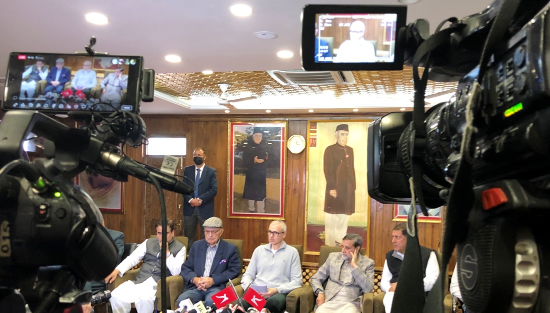 JKNC, VP, Omar Abdullah addressing a news conference at his party headquarters in Srinagar on April 26, 2024. KL Image Masood Hussain