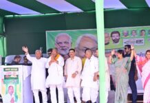 Bihar CM Nitish Kumar addressing an election rally in support of NDA-backed JD(U) candidate Kaushalendra Kumar in the Nalanda Lok Sabha constituency
