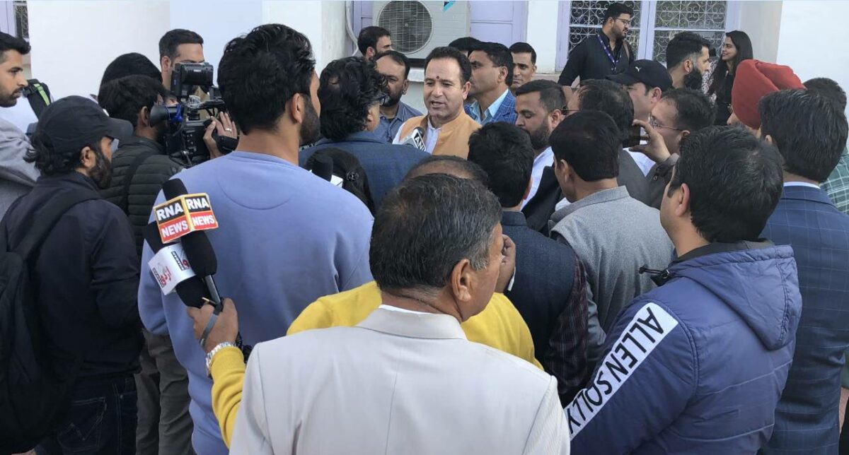 Sunil Shamra, BJP legilstive party leader, speaking to media outside the assembly at Jammu in March 2025. KL Image_ Masood Hussain