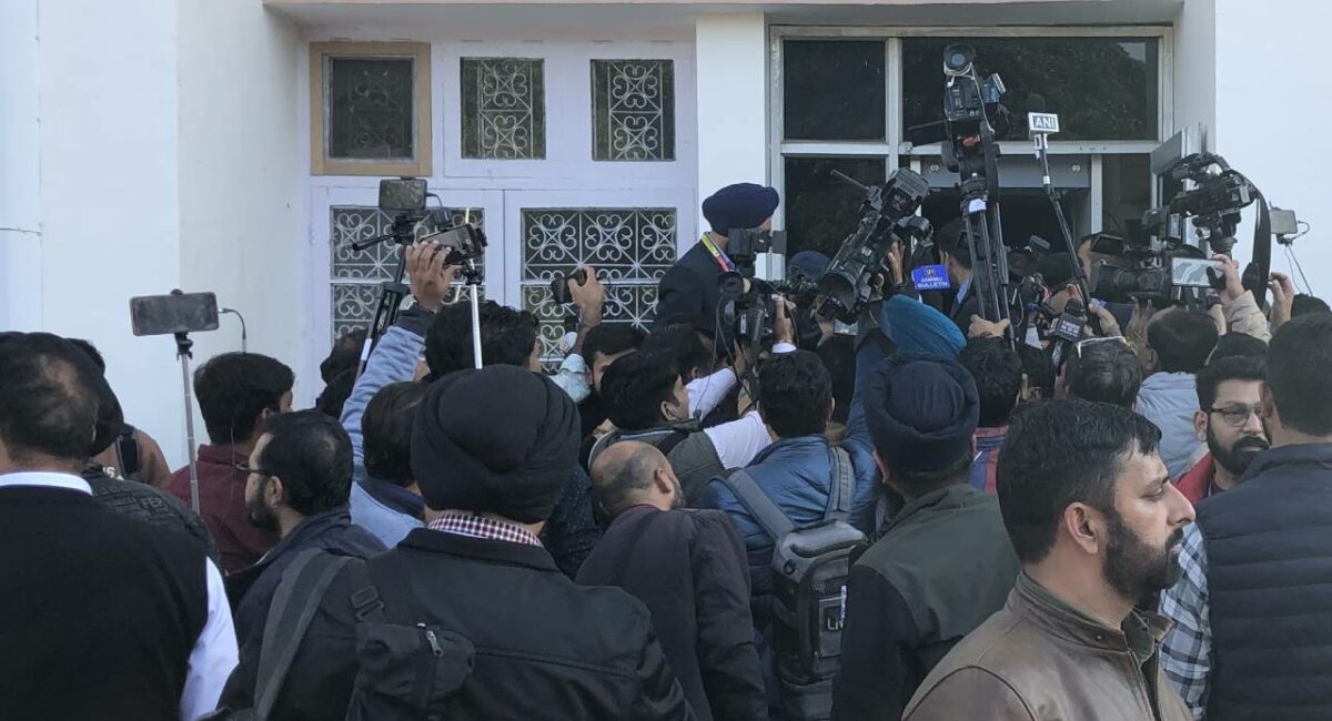 The audio visual media is too huge and too challenging to manage. Camera crews outside assembly at Jammu. KL Image_ Masood Hussain