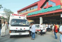 Ambulances stationed outside SMHS hospital Srinagar. KL Image by Bilal Bahadur
