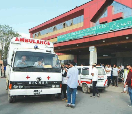 Ambulances stationed outside SMHS hospital Srinagar. KL Image by Bilal Bahadur