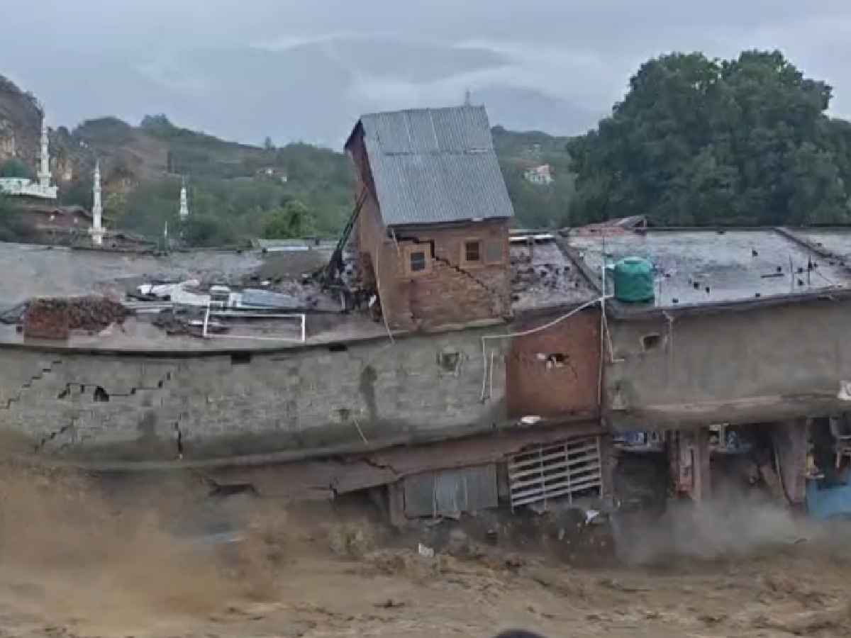 A view of the devastation at Beerwah bus stand after flash floods swept away a private shopping complex