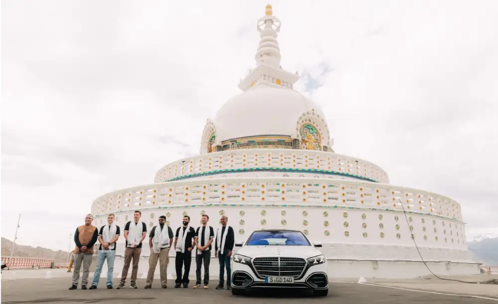 Benz machine and the men near Ladakh's Shanti Stupa on July 17, 2026