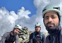 Kashmiri mountaineers Yasir Khan, Muzakir Khan and Saqib Shafi at the summit of Bram Sakli Peak after opening the Baghiyar Route on the mountain's eastern face, marking the third documented ascent of the 4,730-metre peak