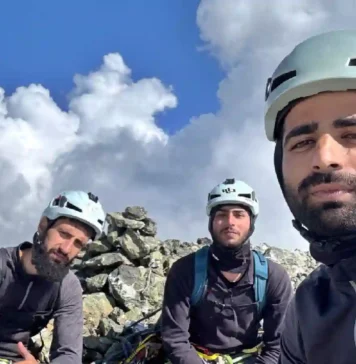 Kashmiri mountaineers Yasir Khan, Muzakir Khan and Saqib Shafi at the summit of Bram Sakli Peak after opening the Baghiyar Route on the mountain's eastern face, marking the third documented ascent of the 4,730-metre peak