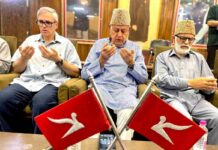 Dr Farooq Abdullah, Omar Abdullah and other National Conference leaders pay tributes to the 1931 martyrs during a Martyrs' Day function at Nawa-e-Subha in Srinagar on July 13,2026