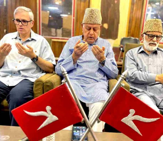 NC Pays Tribute to 1931 Martyrs at Party Office Amid Restrictions Dr Farooq Abdullah, Omar Abdullah and other National Conference leaders pay tributes to the 1931 martyrs during a Martyrs' Day function at Nawa-e-Subha in Srinagar on July 13,2026