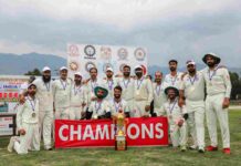 NIT Srinagar team poses with the trophy after defeating NIT Puducherry by 88 runs to clinch a record fourth Inter-NIT cricket title