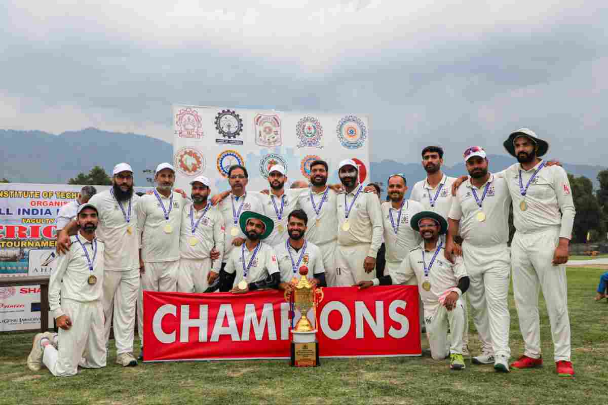 NIT Srinagar team poses with the trophy after defeating NIT Puducherry by 88 runs to clinch a record fourth Inter-NIT cricket title