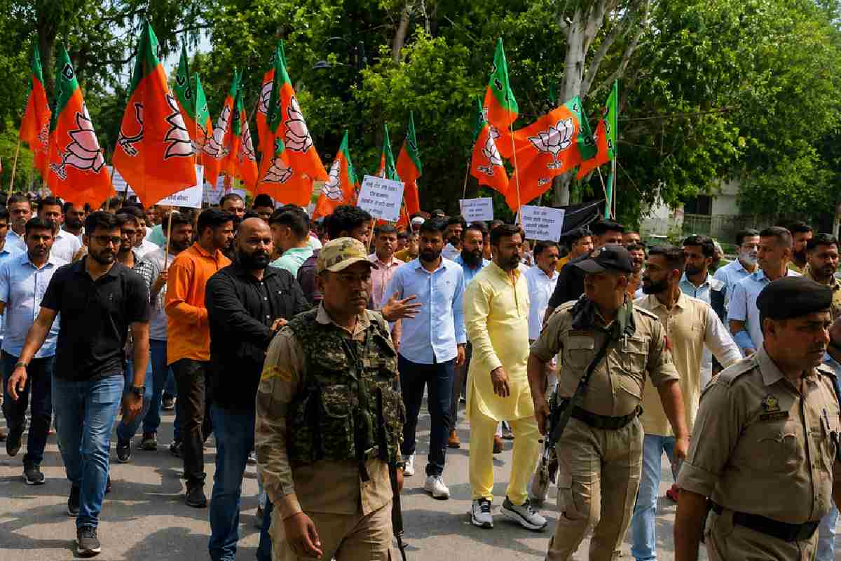 BJP protest against JK CM Omar Abdullah in Jammu on August 17, 2026.