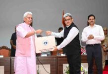 Lieutenant Governor Manoj Sinha felicitates Chief Secretary Atal Dulloo for his contribution to the successful conduct of Shri Amarnath Ji Yatra-2026, in Srinagar on August 30,2026