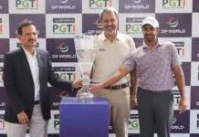 Joshi Takes 6-shot Lead Into Final Round of Jammu Kashmir Open After Another Bogey-free 65 The DP World India Championship Lotus Trophy was unveiled in Srinagar on Sunday by (L-R) Hemant Ruia, Country Manager, Subcontinent (India), DP World; Amandeep Johl, CEO, DP World PGTI; and Saptak Talwar, the current DP World PGTI Order of Merit leader and one of India’s leading professional golfers