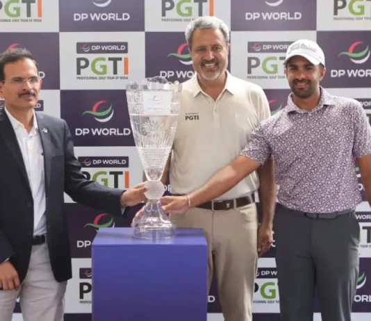 Joshi Takes 6-shot Lead Into Final Round of Jammu Kashmir Open After Another Bogey-free 65 The DP World India Championship Lotus Trophy was unveiled in Srinagar on Sunday by (L-R) Hemant Ruia, Country Manager, Subcontinent (India), DP World; Amandeep Johl, CEO, DP World PGTI; and Saptak Talwar, the current DP World PGTI Order of Merit leader and one of India’s leading professional golfers