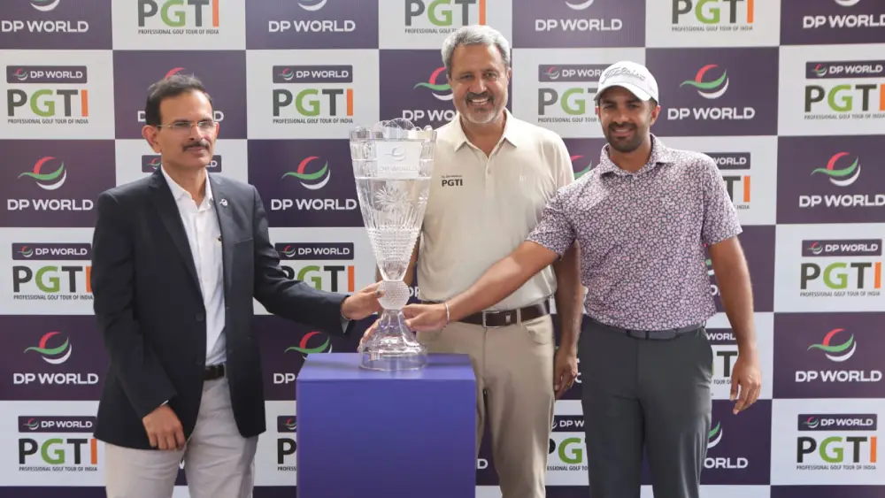 The DP World India Championship Lotus Trophy was unveiled in Srinagar on Sunday by (L-R) Hemant Ruia, Country Manager, Subcontinent (India), DP World; Amandeep Johl, CEO, DP World PGTI; and Saptak Talwar, the current DP World PGTI Order of Merit leader and one of India’s leading professional golfers
