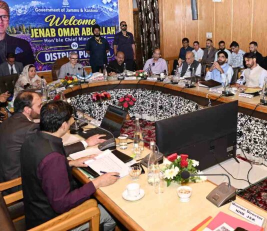 Chief Minister Omar Abdullah with ministers, legislators and senior officials during a review meeting on the developmental scenario of Pulwam