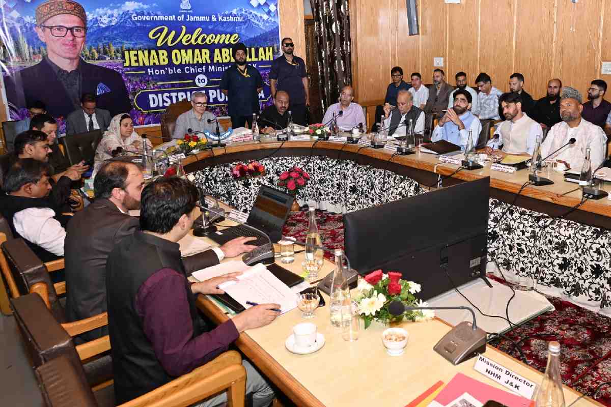 Chief Minister Omar Abdullah with ministers, legislators and senior officials during a review meeting on the developmental scenario of Pulwam