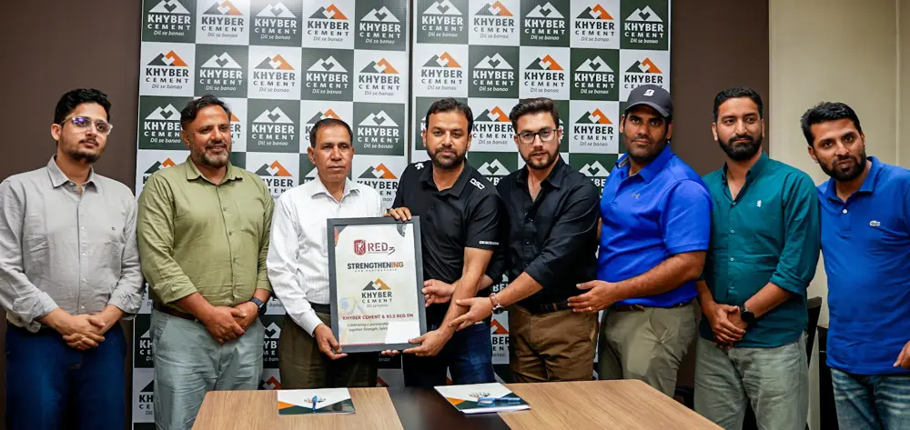 Khyber Cement and FM radio officials during the signing of an MoU naming Khyber Cement the title sponsor of the Red Premier League 2026 in Srinagar