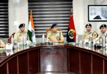 IGP Kashmir Sujit Kumar with senior police officers during a security review meeting in Bandipora